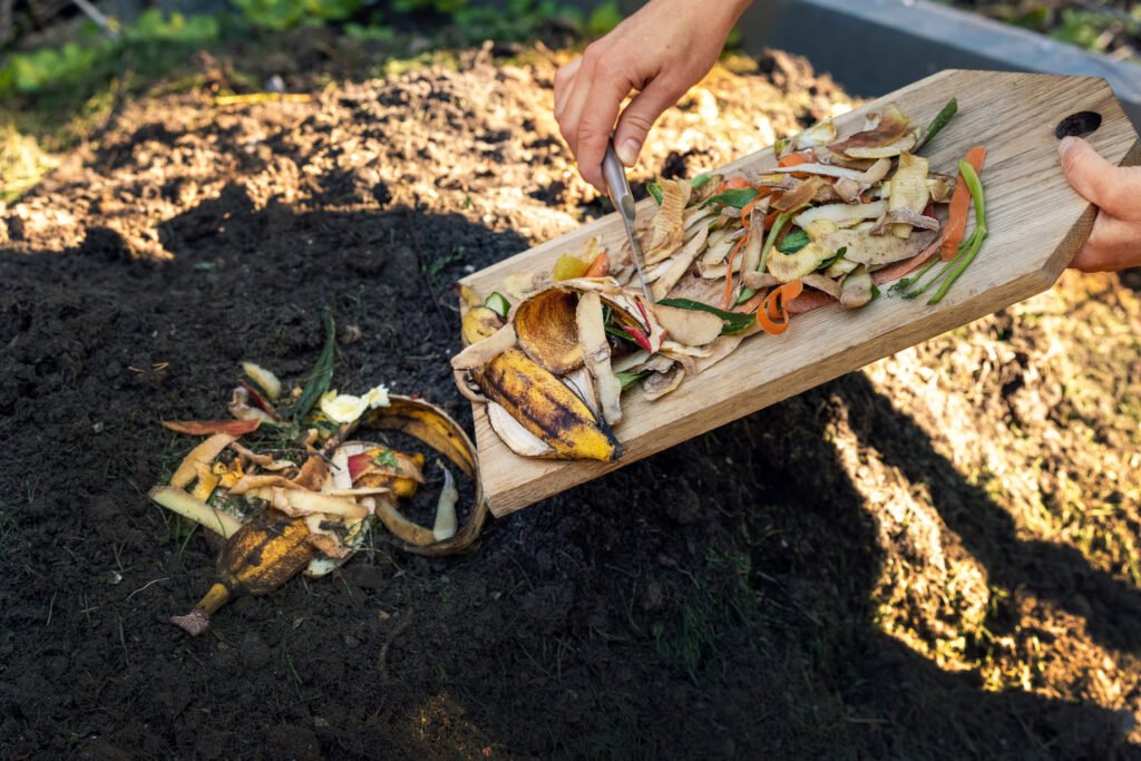 Kitchen food scraps like banana peels and vegetable skins being added to a compost pile.