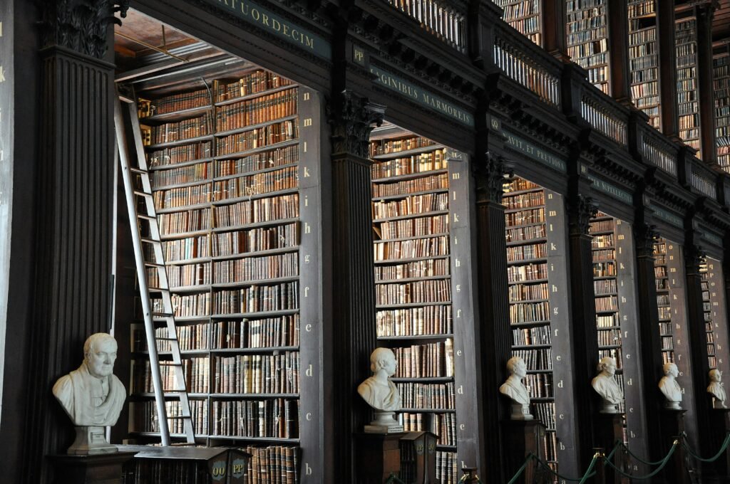 Dark academia library interior with tall wooden bookshelves, vintage books, bust sculptures, and moody lighting.