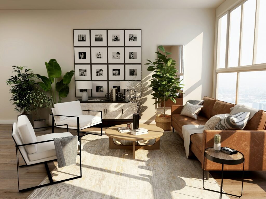 Modern living room with leather sofa, fabric chairs, wooden table, and layered textiles highlighting texture in interior design