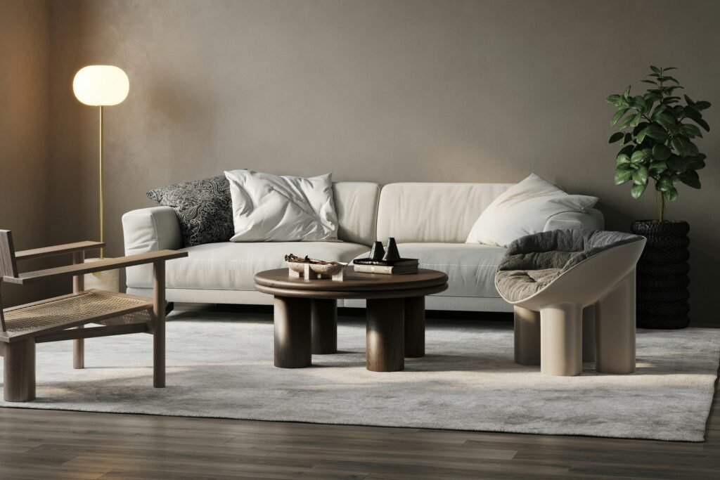 Scandinavian living room with neutral tones, minimalist furniture, natural wood accents, and soft lighting.