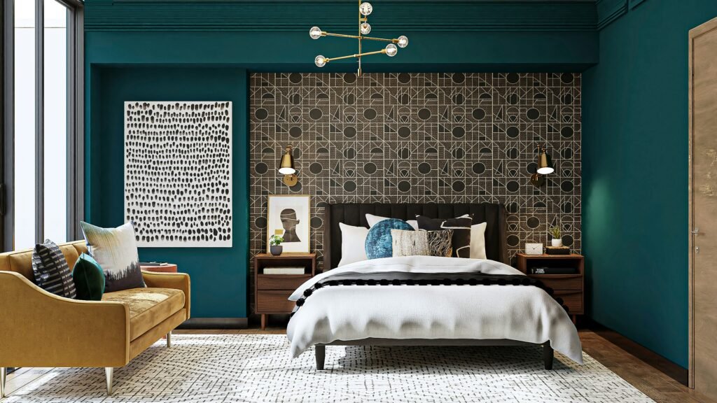 Art Deco bedroom with bold geometric wallpaper, teal walls, gold accents, and luxurious furnishings.